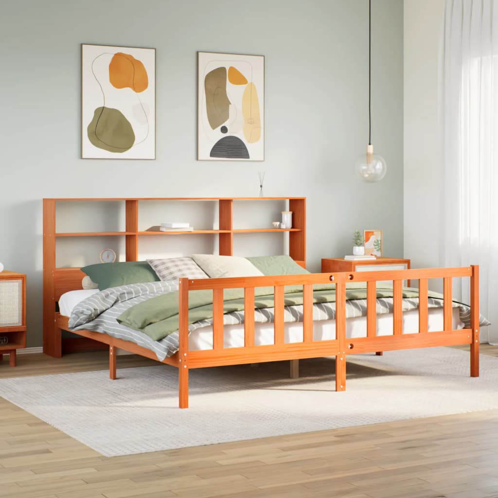 Seng Med Bokhylle Uten Madrass Voksbrun 180X200 Cm Heltre Furu