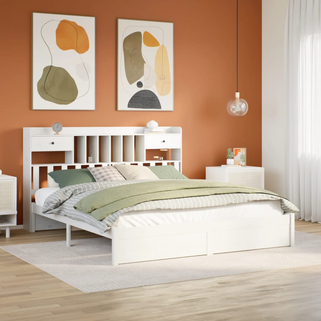 Seng Med Bokhylle Uten Madrass Hvit 180X200 Cm Heltre Furu