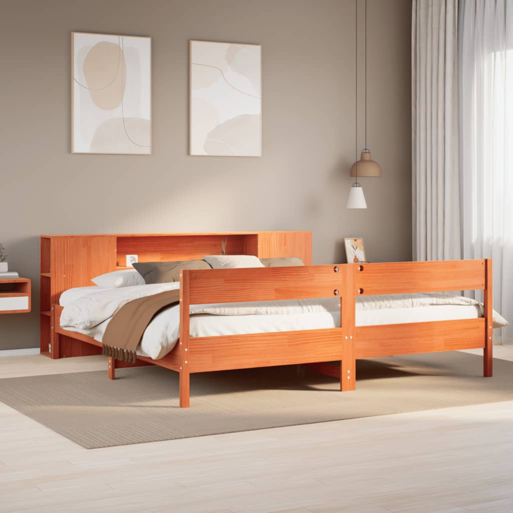 Seng Med Bokhylle Uten Madrass Voksbrun 180X200 Cm Heltre Furu