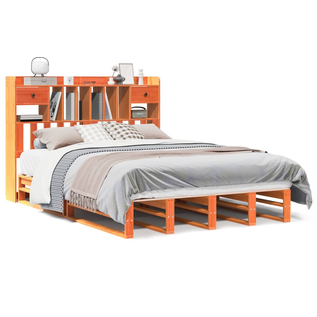 Seng Med Bokhylle Uten Madrass Voksbrun 140X200 Cm Heltre Furu