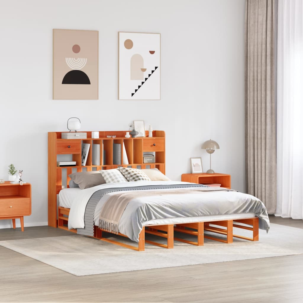Seng Med Bokhylle Uten Madrass Voksbrun 140X200 Cm Heltre Furu