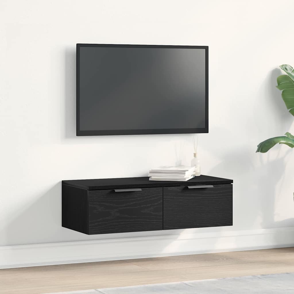 Veggskap Med Skuff Svart Eik 68 X 30 X 20 Cm Konstruert Tre