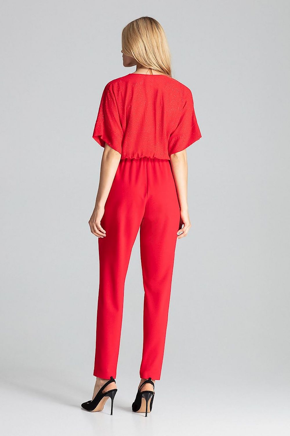Elegant rød jumpsuit med brokade / Figl til dame fra MS StyleHaven, laget av polyester, farge Rød, størrelse L, med short ermer, perfekt til casual; dress