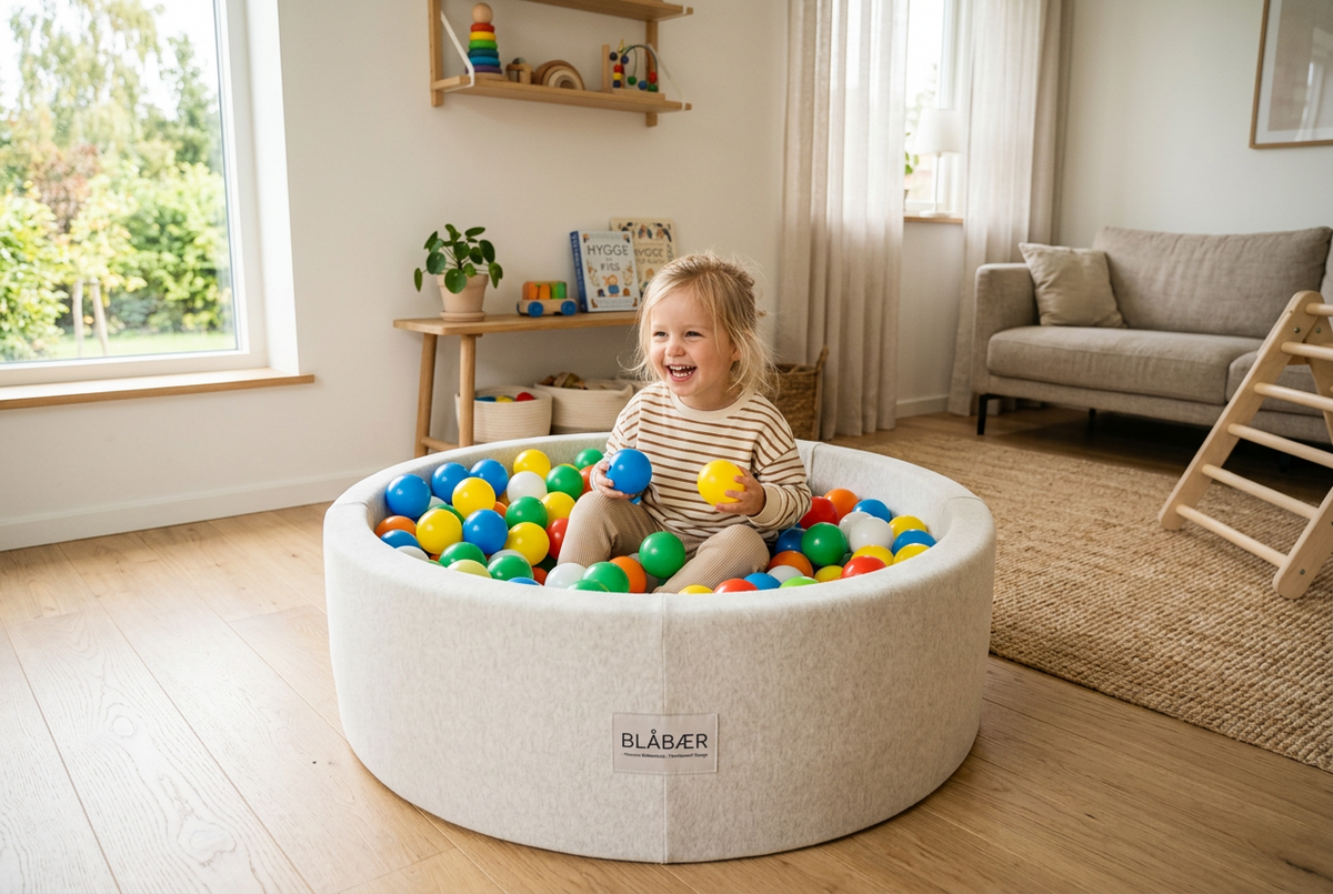 Innendørs ballbasseng i skumgummi for barn med giftfrie lekeballer for utvikling av motoriske ferdigheter. Barn som leker trygt i et mykt, grått skumgummiballbasseng fylt med fargerike plastballer i en stue i skandinavisk stil.