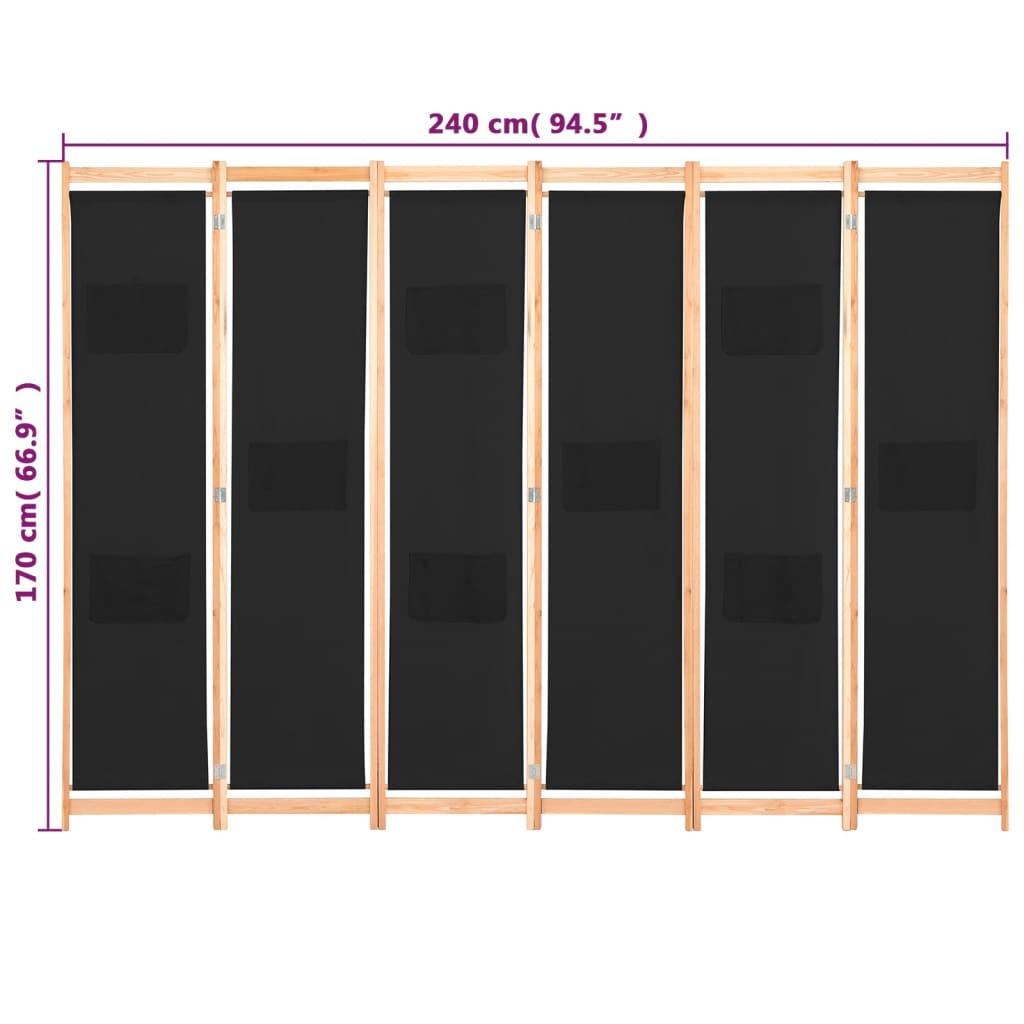 Romdeler 6 Paneler Svart 240X170X4 Cm Stoff