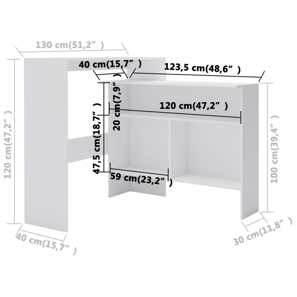 Barbord Med 2 Bordplater 130X40X120 Cm Hvit