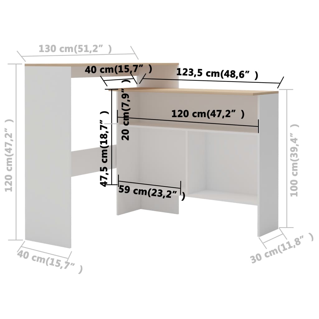 Barbord Med 2 Bordplater Hvit Og Eik 130X40X120 Cm