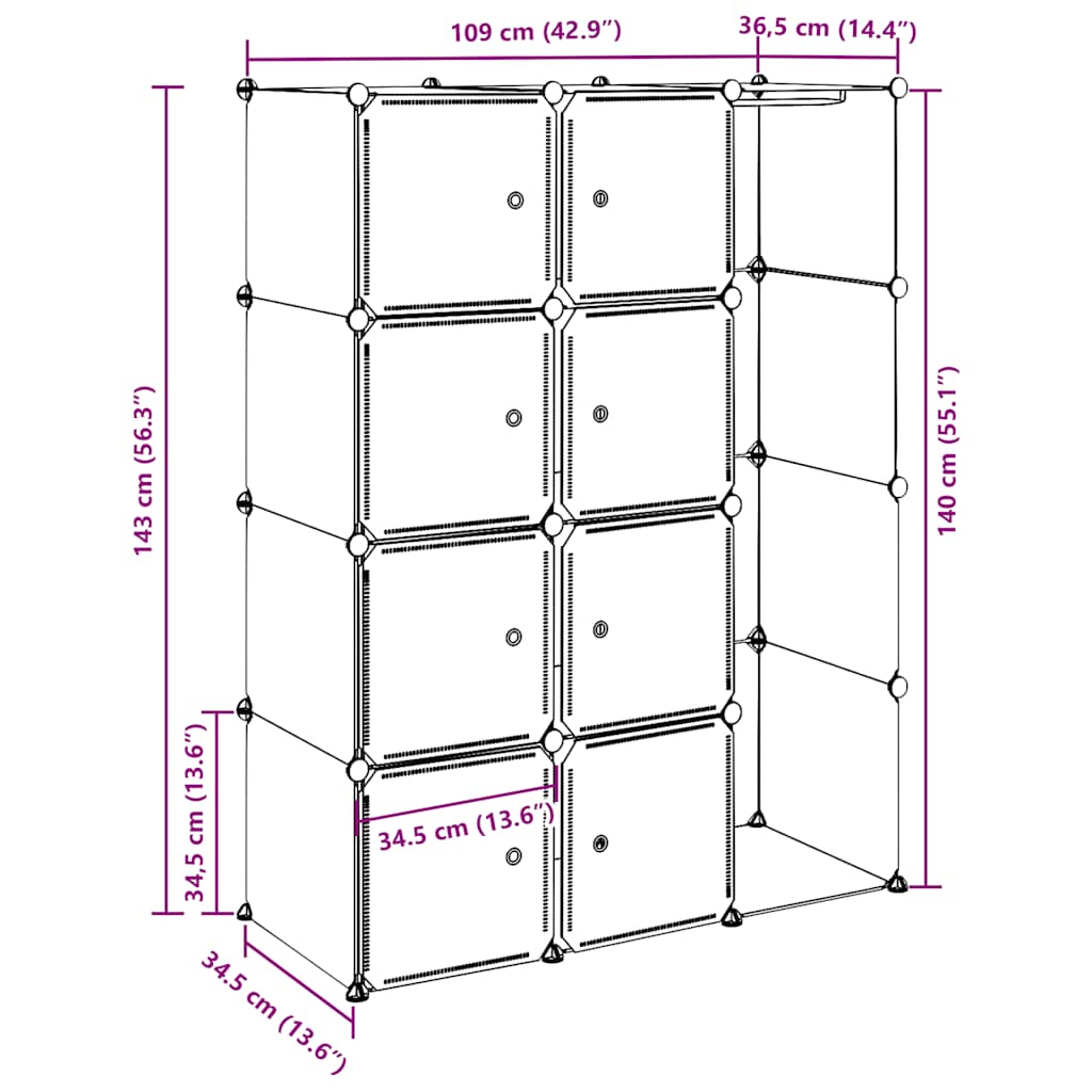 Modulskap Med 9 Rom 109X36,5X143 Cm Svart Og Hvit
