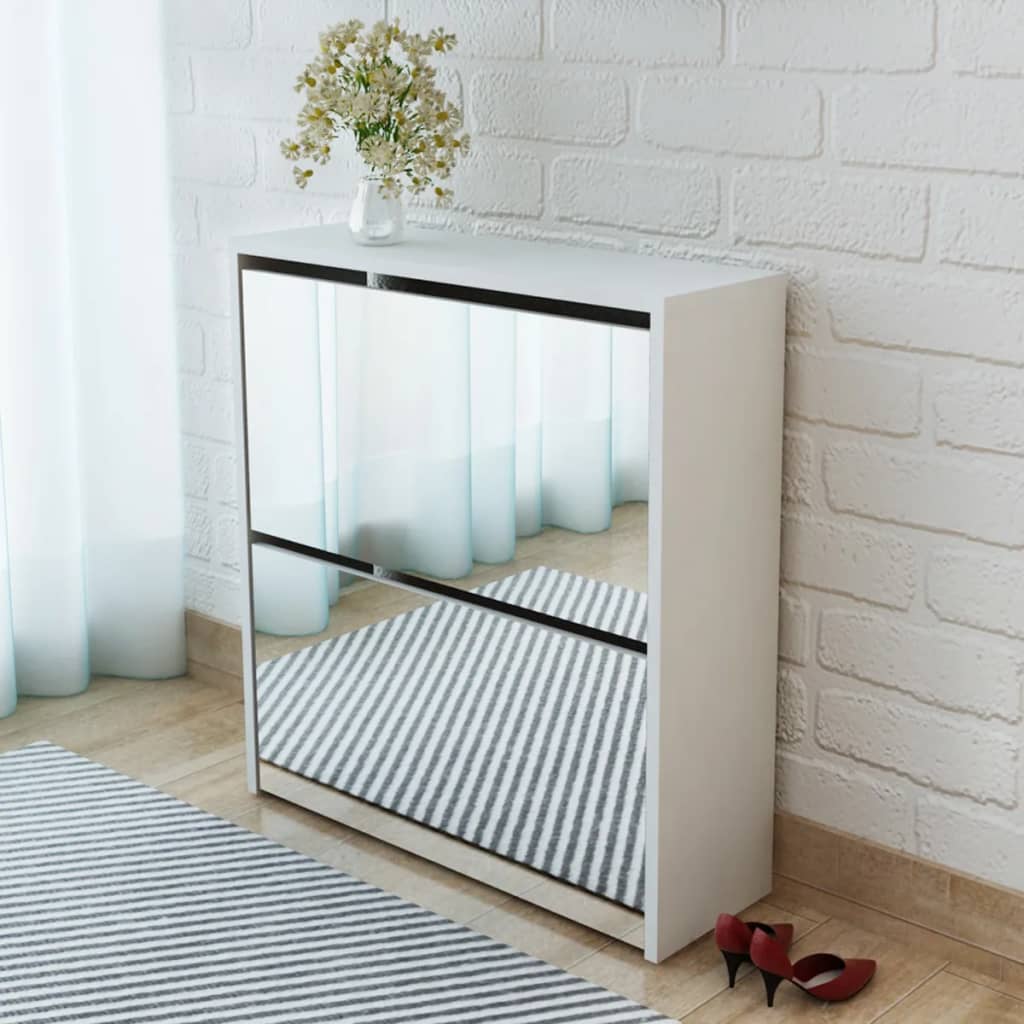 Skoskap 2 Høyder Speil Hvit 63X17X67 Cm