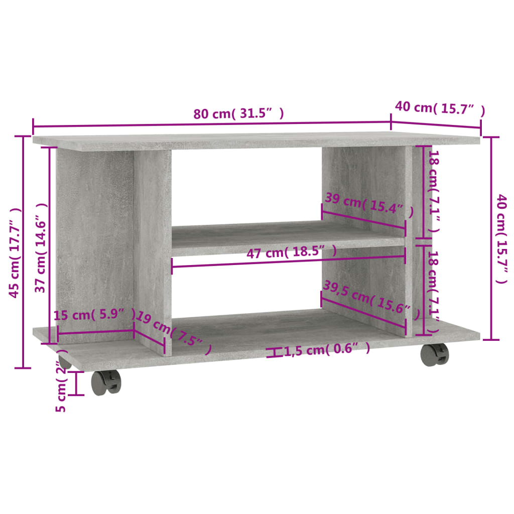 Tv-Benk Med Hjul Betonggrå 80X40X45 Cm Konstruert Tre