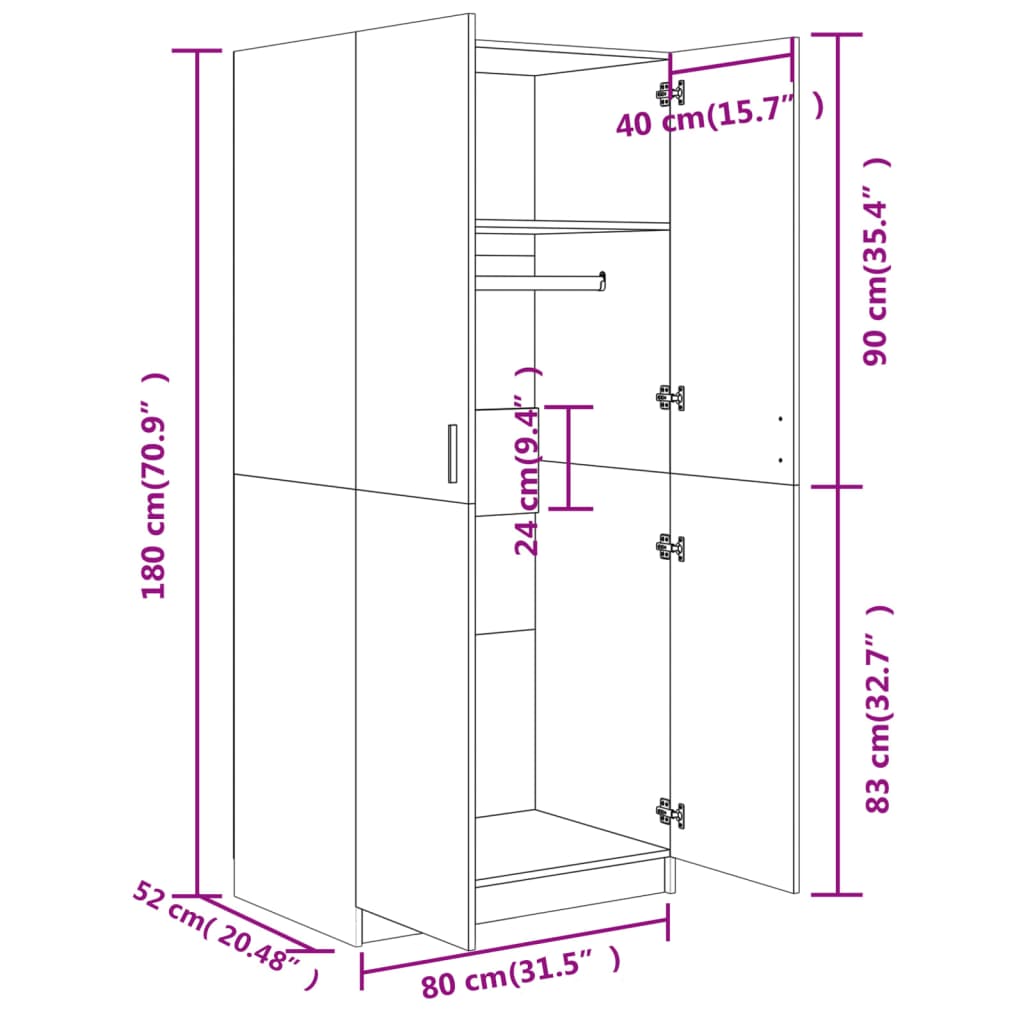 Garderobe Sonoma Eik 80X52X180 Cm Konstruert Tre