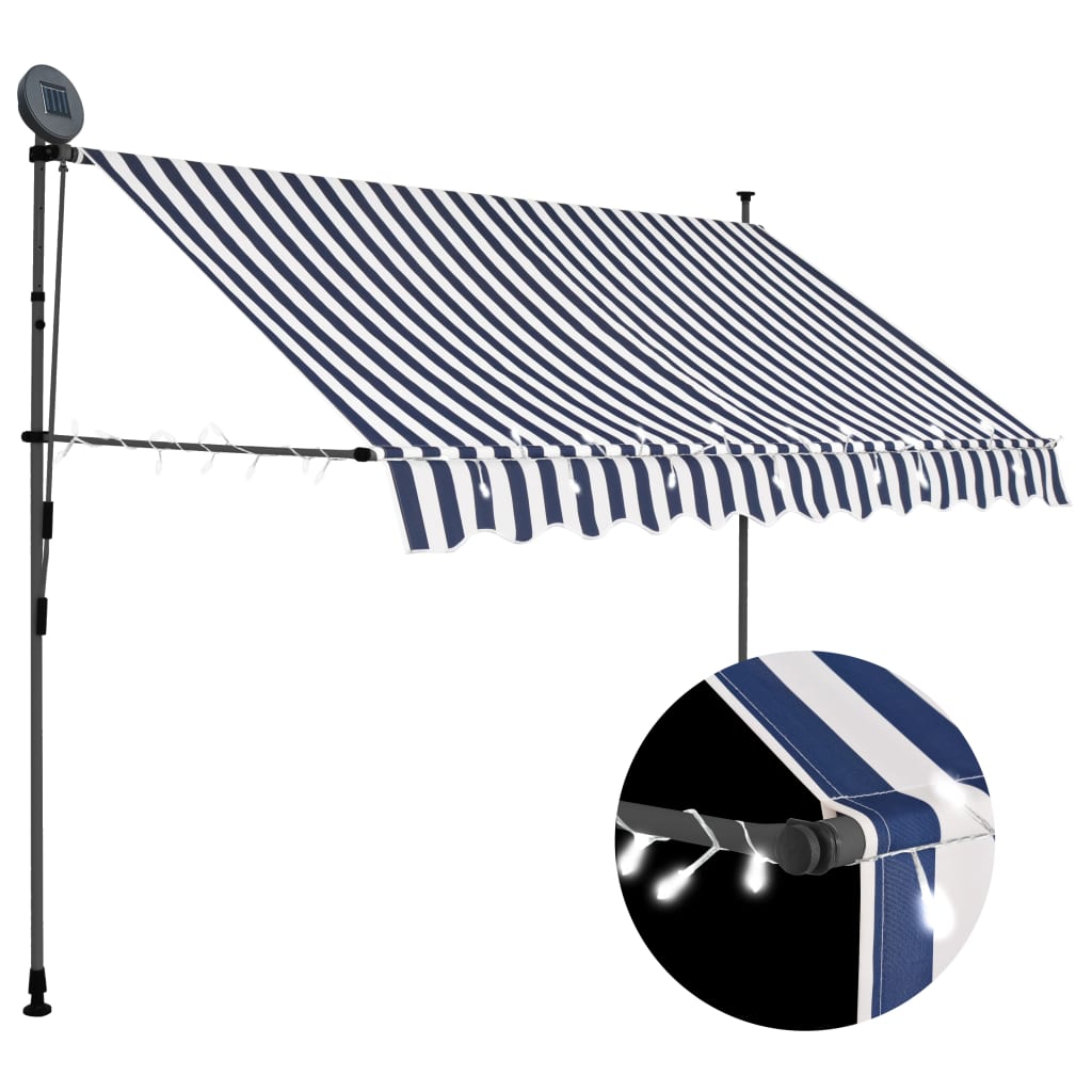 Manuell Uttrekkbar Markise Med Led 300 Cm Blå Og Hvit