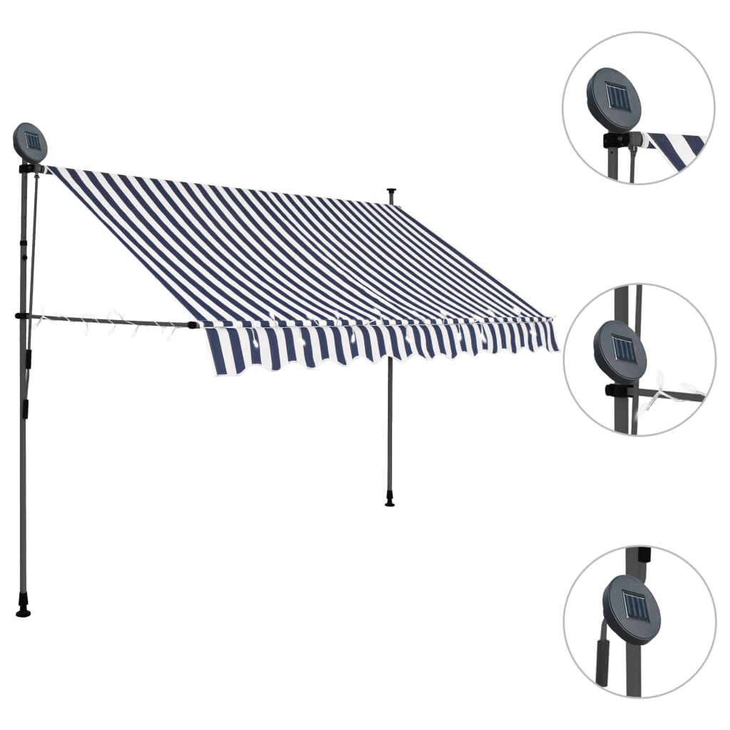 Manuell Uttrekkbar Markise Med Led 300 Cm Blå Og Hvit