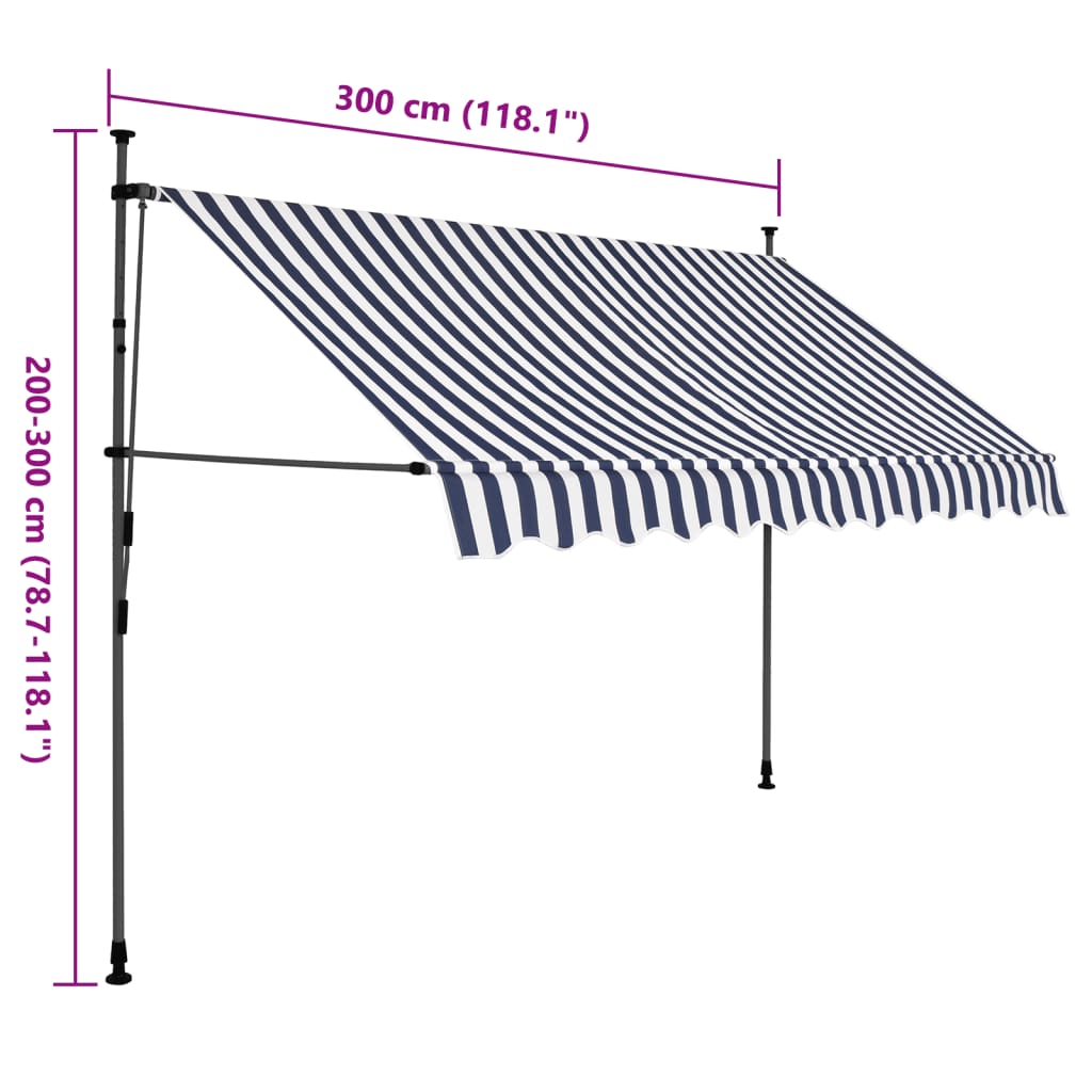 Manuell Uttrekkbar Markise Med Led 300 Cm Blå Og Hvit