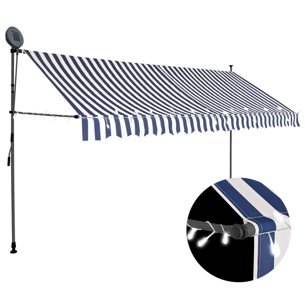 Manuell Uttrekkbar Markise Med Led 400 Cm Blå Og Hvit