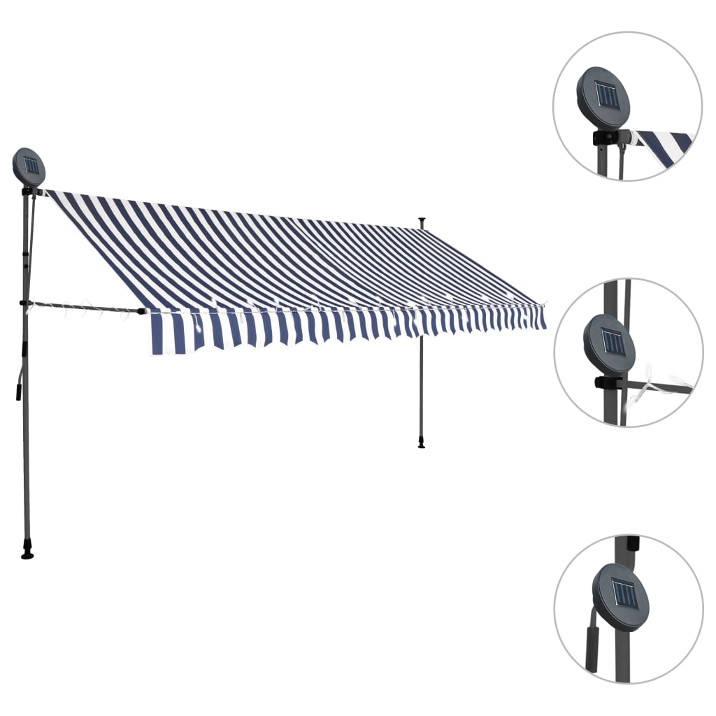 Manuell Uttrekkbar Markise Med Led 400 Cm Blå Og Hvit