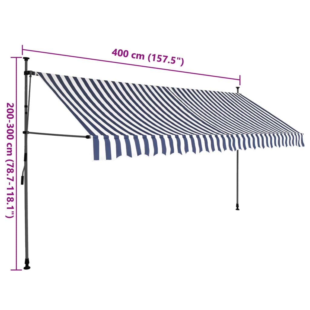 Manuell Uttrekkbar Markise Med Led 400 Cm Blå Og Hvit