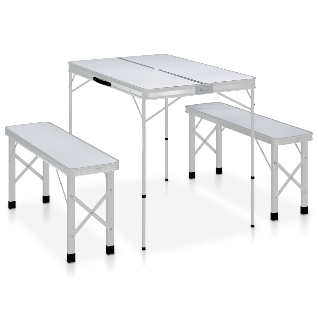 Sammenleggbart Campingbord Med 2 Benker Aluminium Hvit