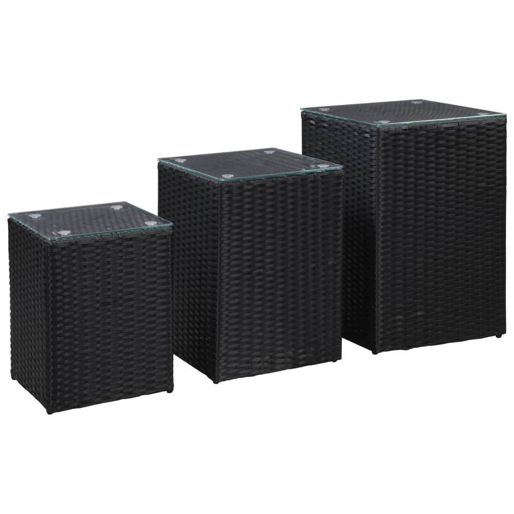Sidebord 3 Stk Med Glass Topp Svart Polyrotting
