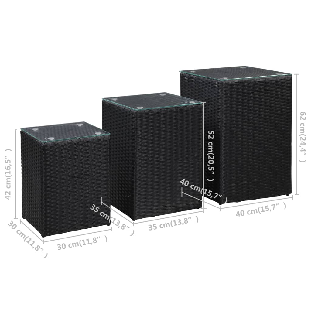 Sidebord 3 Stk Med Glass Topp Svart Polyrotting