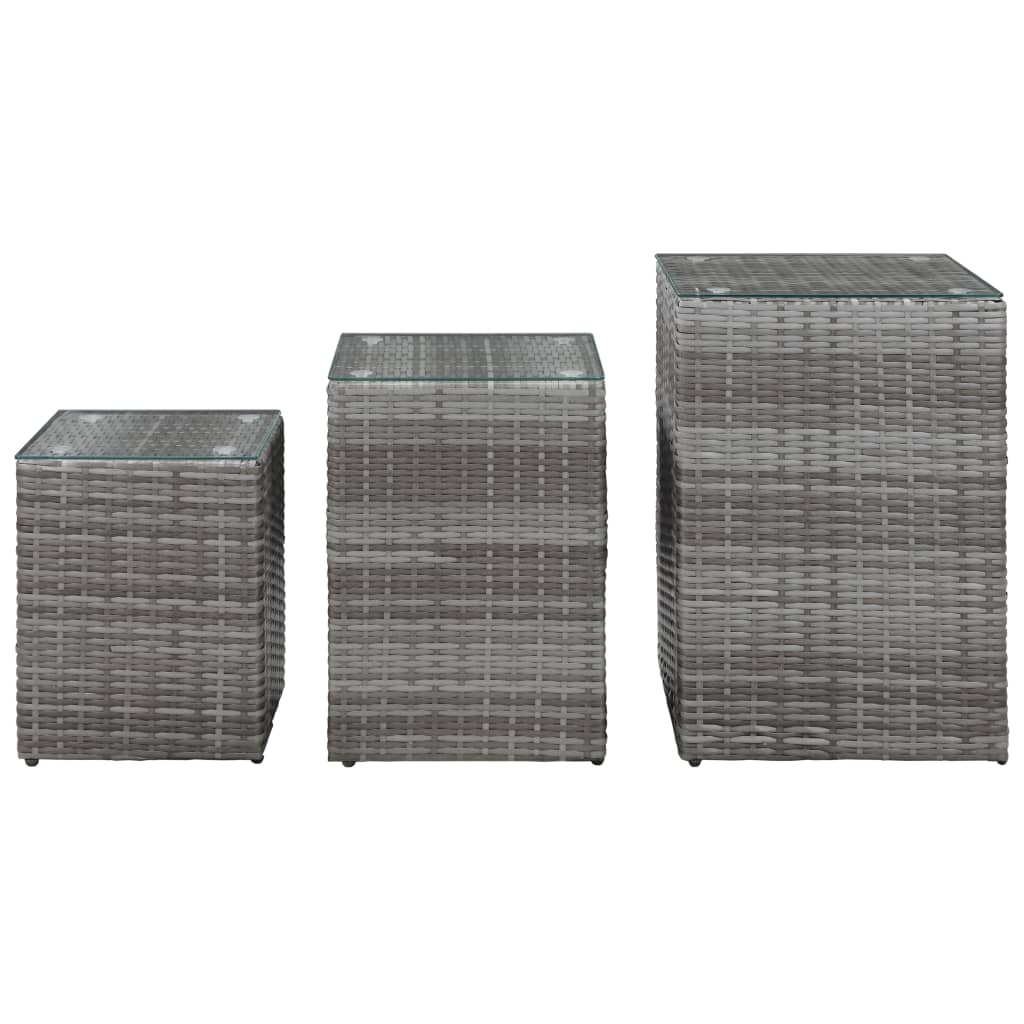 Sidebord 3 Stk Med Glass Topp Grå Polyrotting