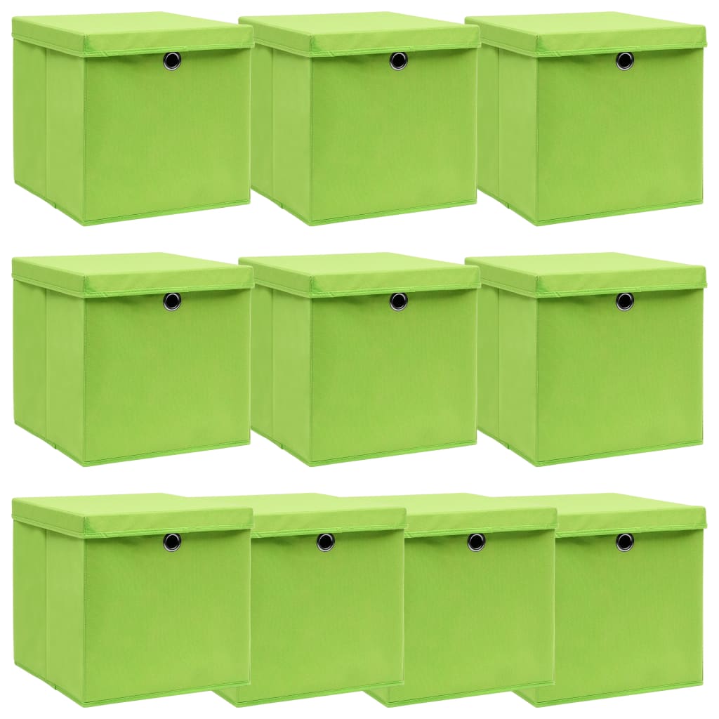 Oppbevaringsbokser Med Lokk 10 Stk Grønn 32X32X32 Cm Stoff