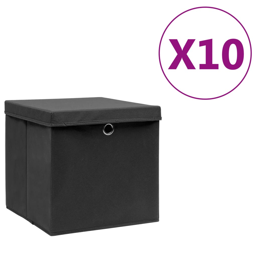 Oppbevaringsbokser Med Deksler 10 Stk 28X28X28 Cm Svart