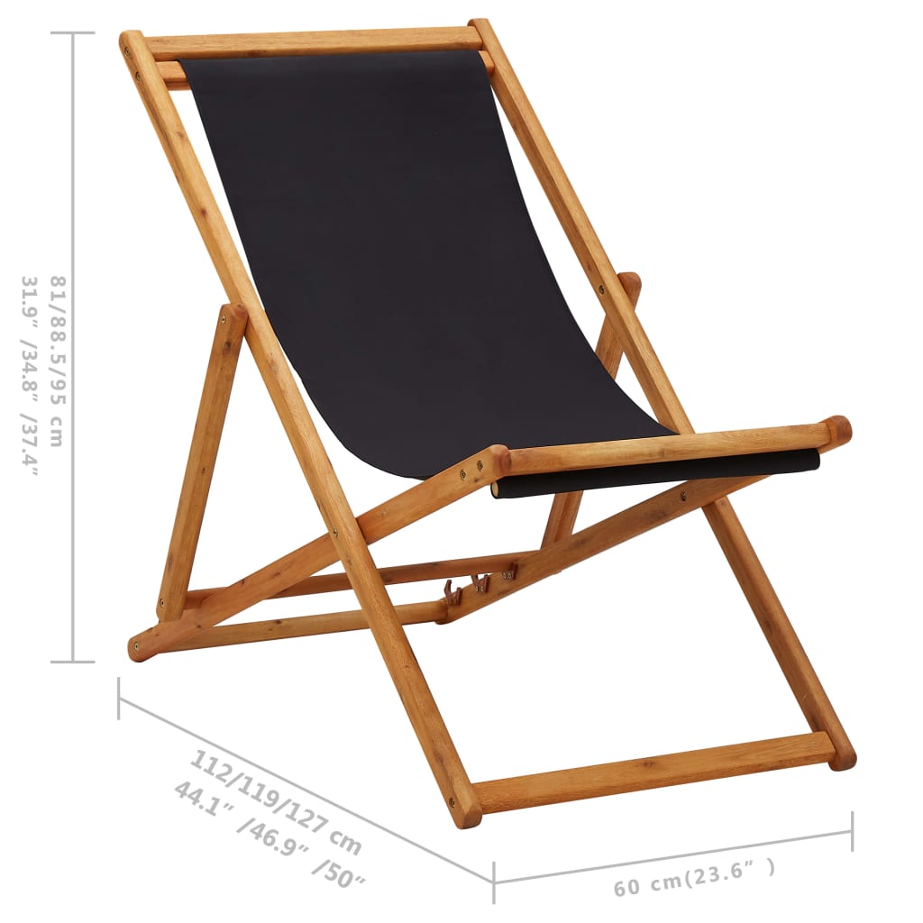Sammenleggbar Strandstol Eukalyptus Og Stoff Svart