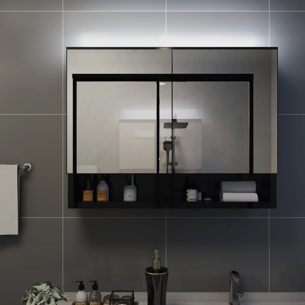 Speilskap Med Led Svart 80X15X60 Cm Mdf