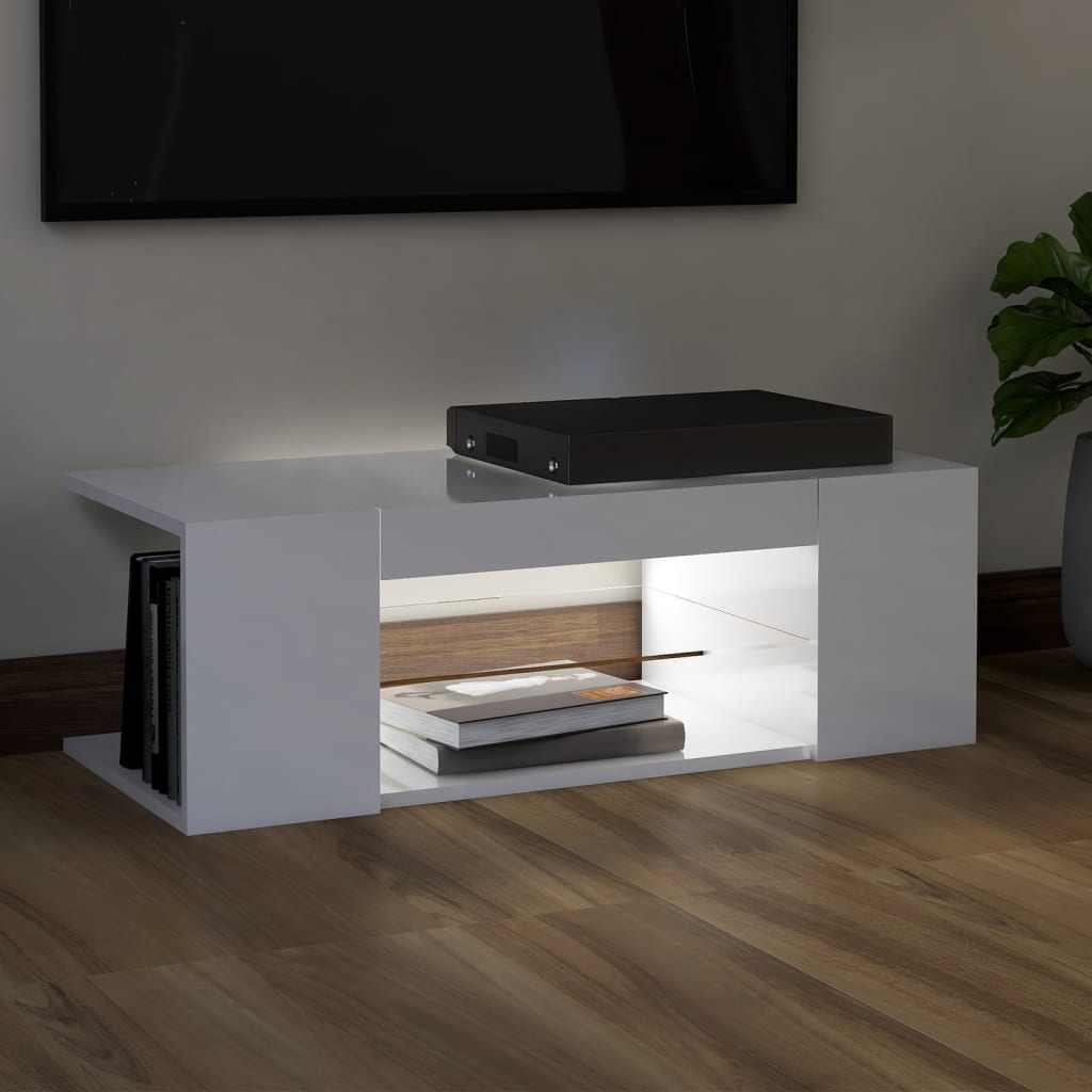 Tv-Benk Med Led-Lys Høyglans Hvit 90X39X30 Cm