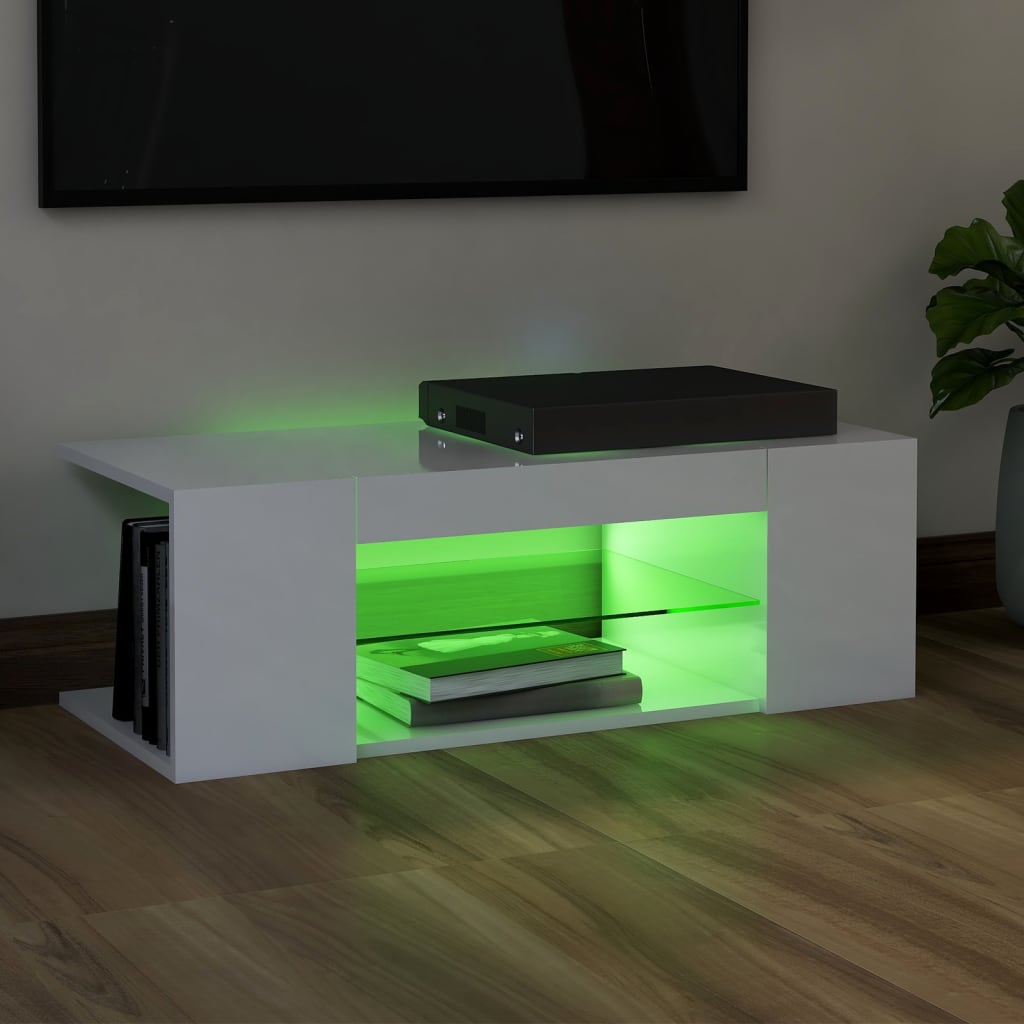 Tv-Benk Med Led-Lys Høyglans Hvit 90X39X30 Cm