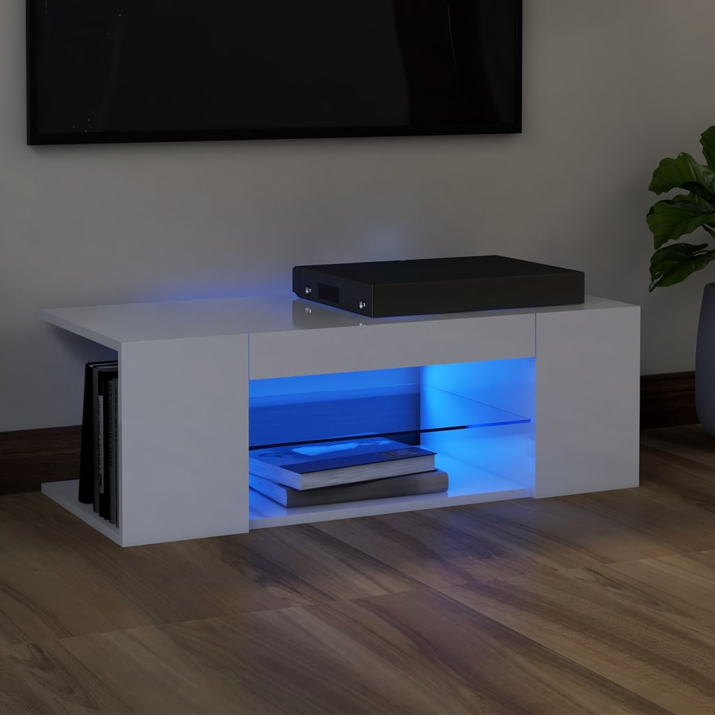 Tv-Benk Med Led-Lys Høyglans Hvit 90X39X30 Cm