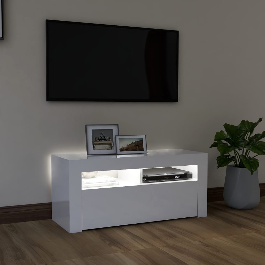 Tv-Benk Med Led-Lys Høyglans Hvit 90X35X40 Cm