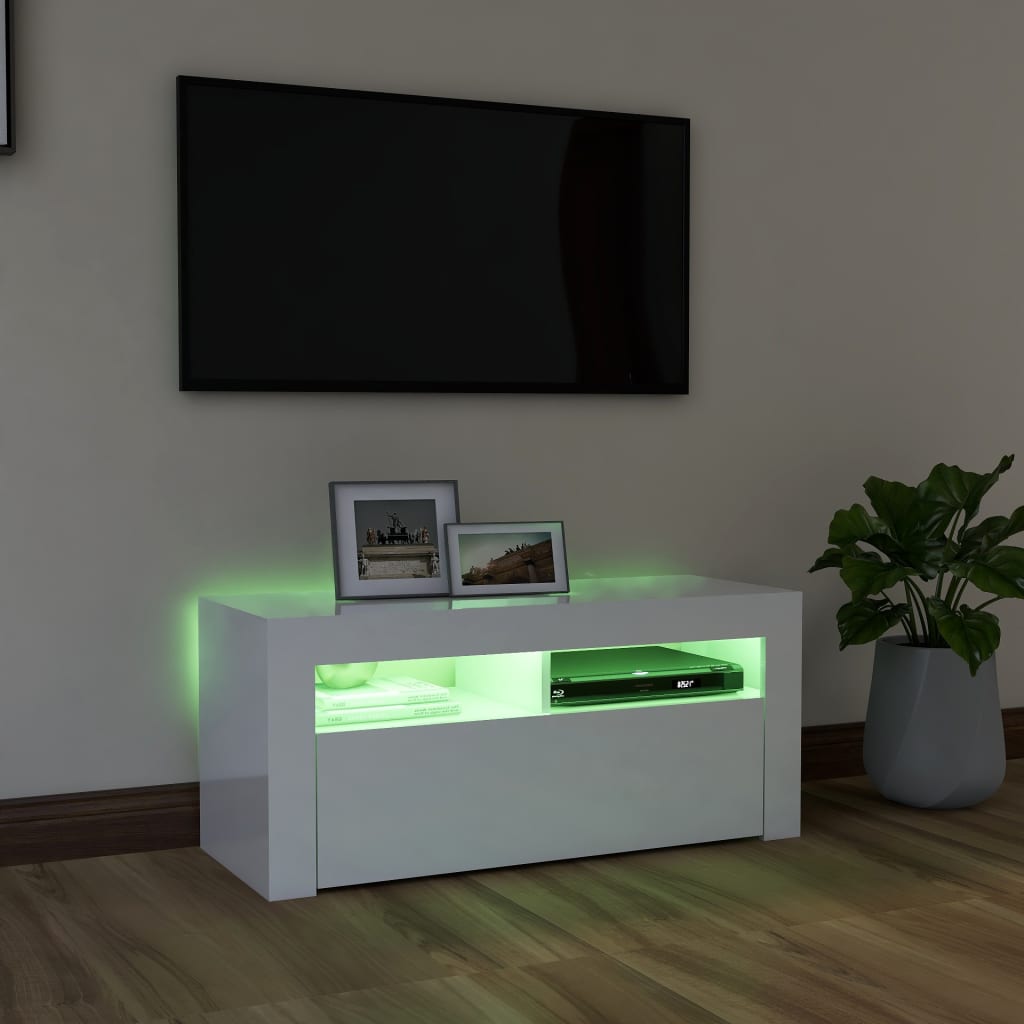 Tv-Benk Med Led-Lys Høyglans Hvit 90X35X40 Cm