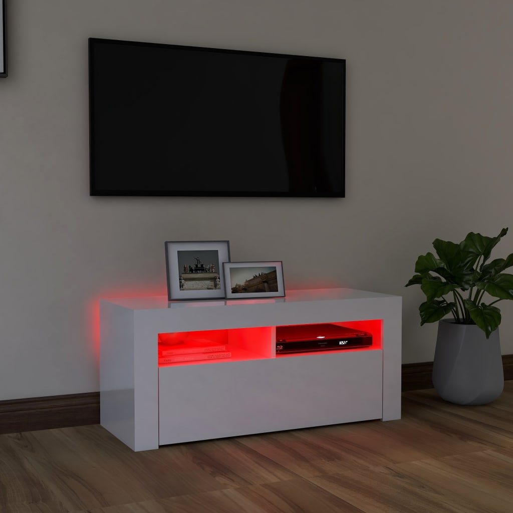 Tv-Benk Med Led-Lys Høyglans Hvit 90X35X40 Cm
