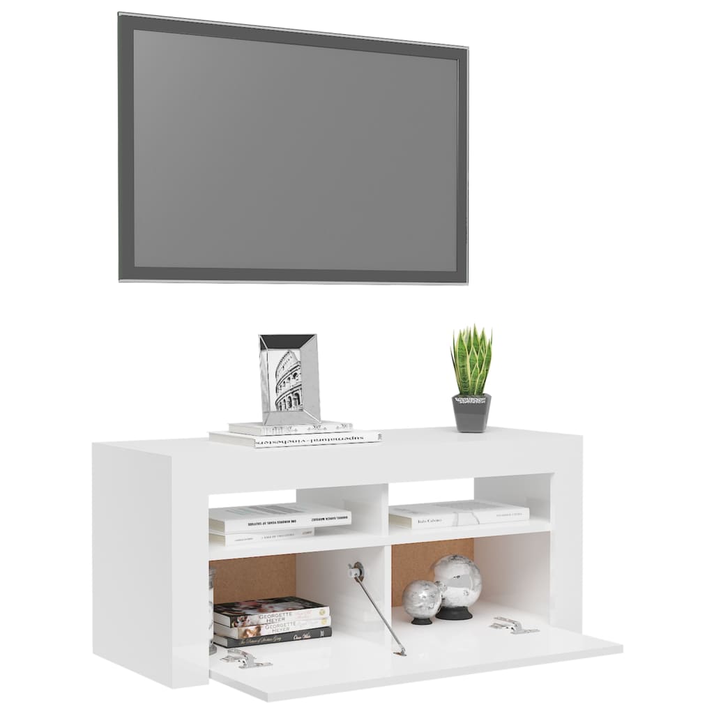 Tv-Benk Med Led-Lys Høyglans Hvit 90X35X40 Cm