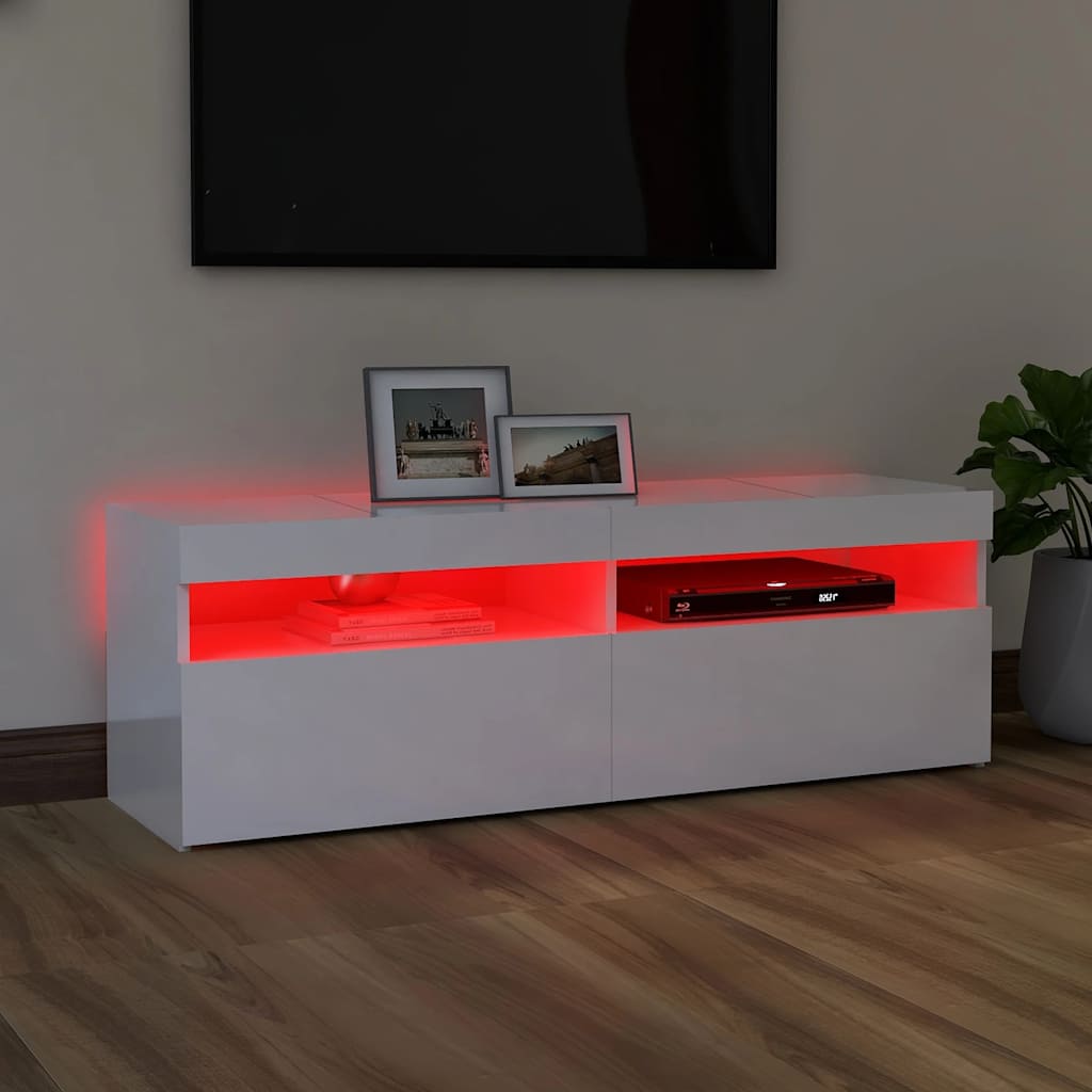 Tv-Benk Med Led-Lys Høyglans Hvit 120X35X40 Cm