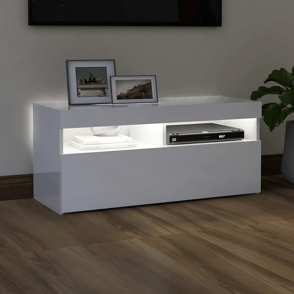 Tv-Benk Med Led-Lys Høyglans Hvit 90X35X40 Cm