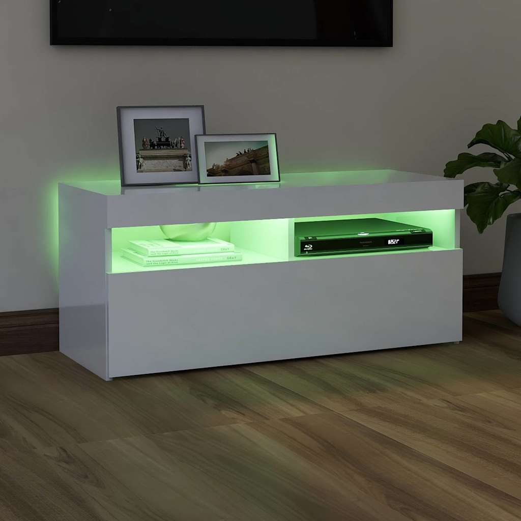 Tv-Benk Med Led-Lys Høyglans Hvit 90X35X40 Cm