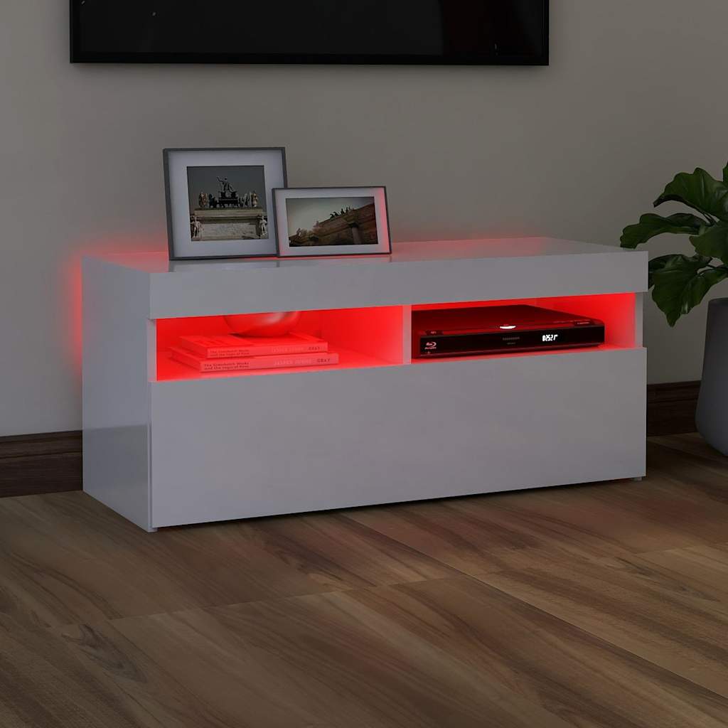 Tv-Benk Med Led-Lys Høyglans Hvit 90X35X40 Cm