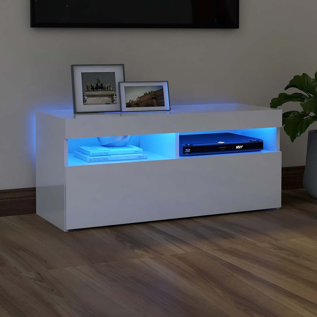 Tv-Benk Med Led-Lys Høyglans Hvit 90X35X40 Cm
