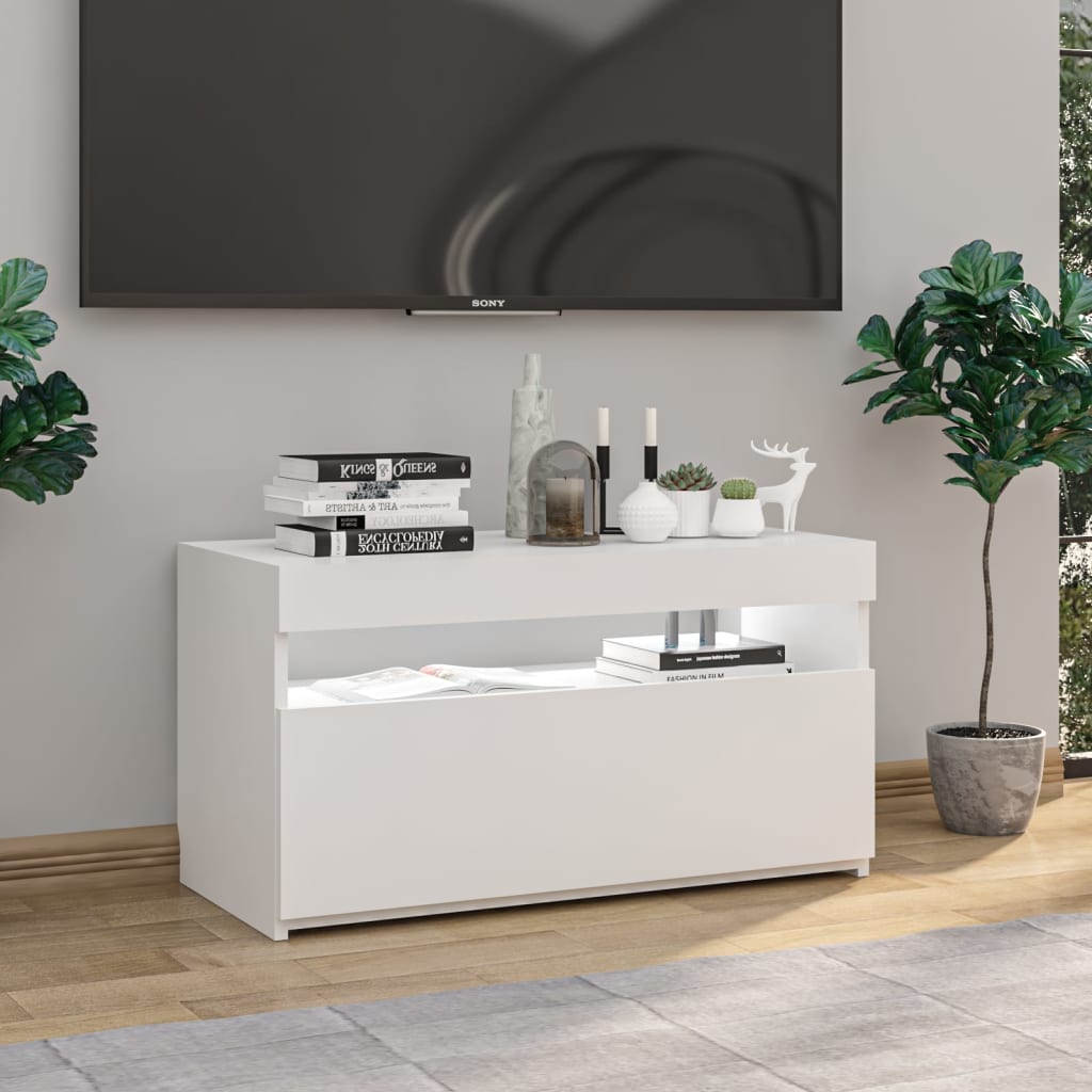 Tv-Benk Med Led-Lys Høyglans Hvit 75X35X40 Cm