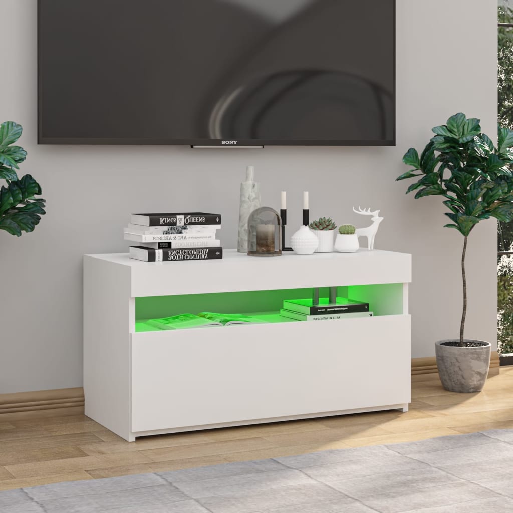 Tv-Benk Med Led-Lys Høyglans Hvit 75X35X40 Cm