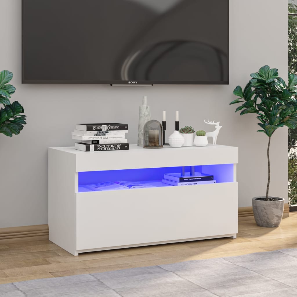 Tv-Benk Med Led-Lys Høyglans Hvit 75X35X40 Cm