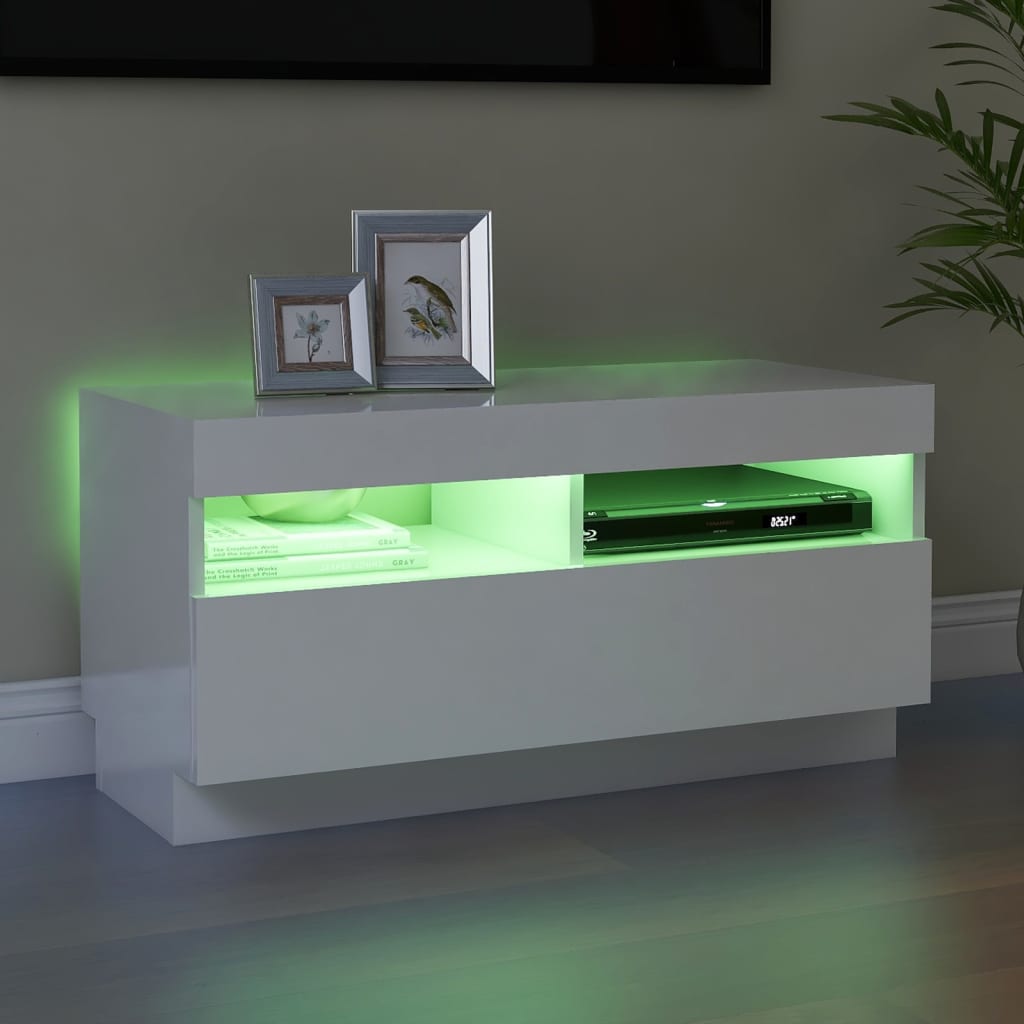 Tv-Benk Med Led-Lys Høyglans Hvit 80X35X40 Cm