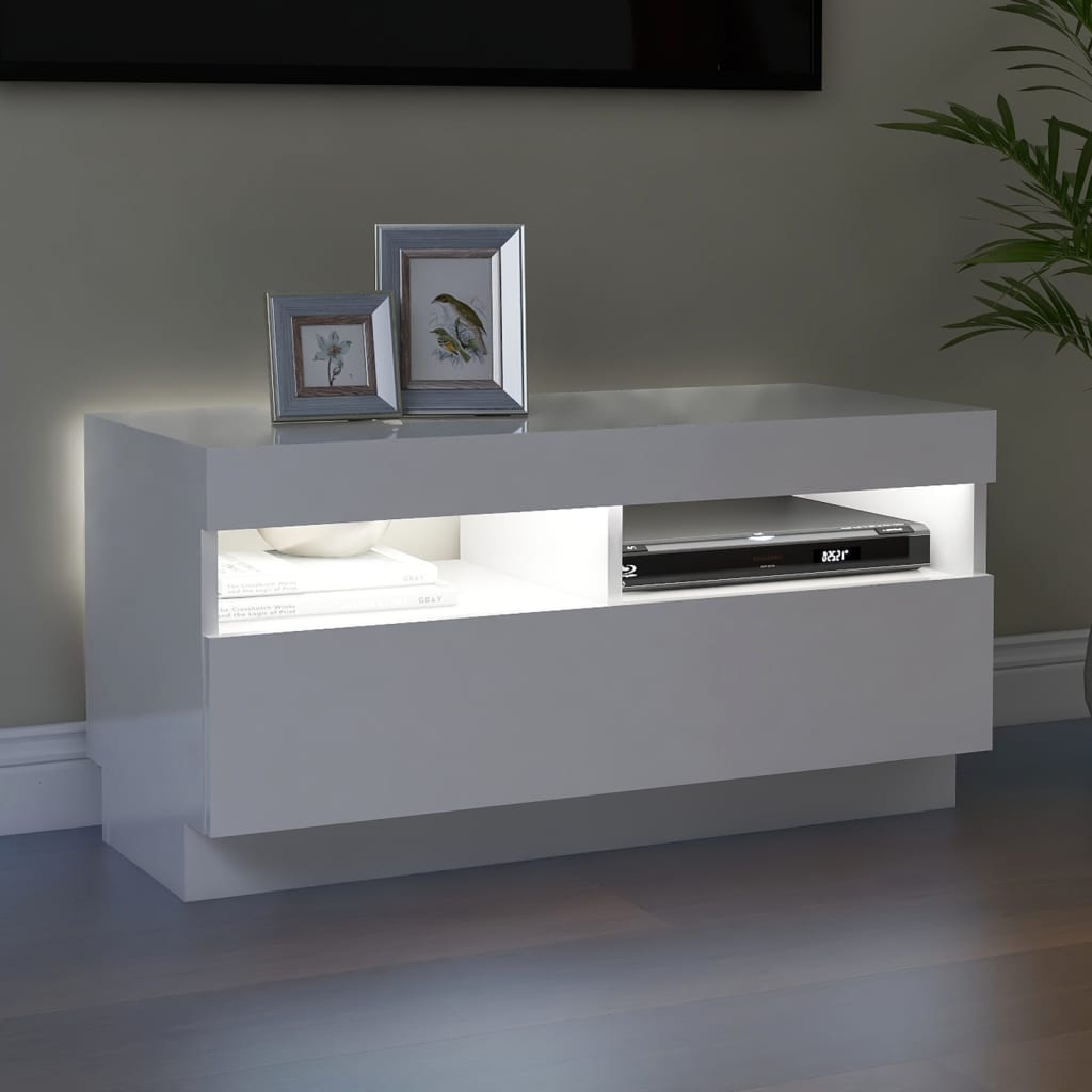 Tv-Benk Med Led-Lys Høyglans Hvit 80X35X40 Cm