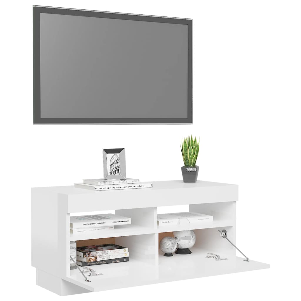 Tv-Benk Med Led-Lys Høyglans Hvit 80X35X40 Cm