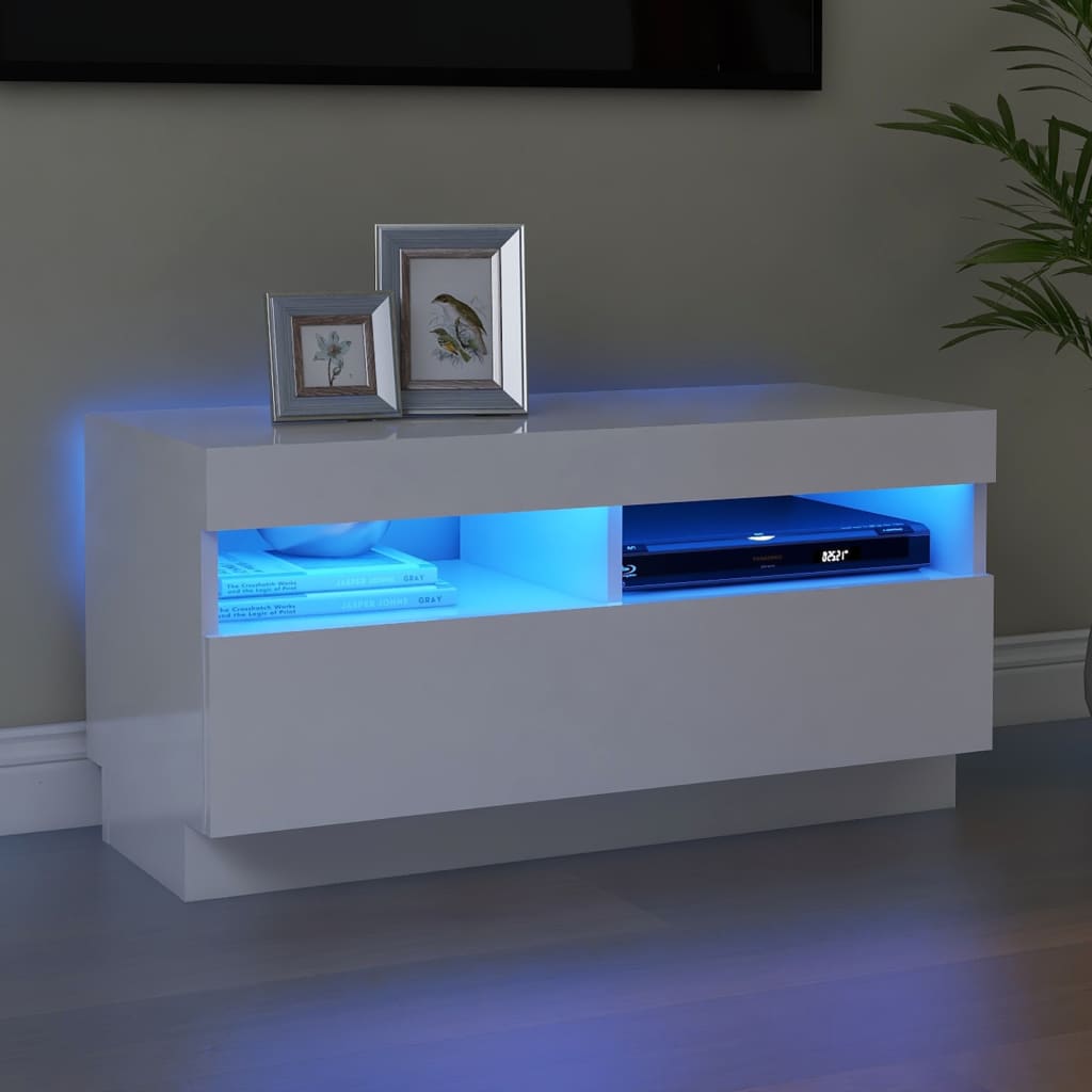 Tv-Benk Med Led-Lys Høyglans Hvit 80X35X40 Cm