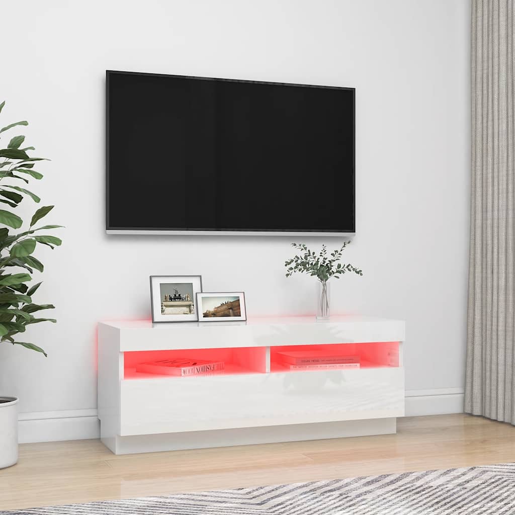 Tv-Benk Med Led-Lys Høyglans Hvit 100X35X40 Cm