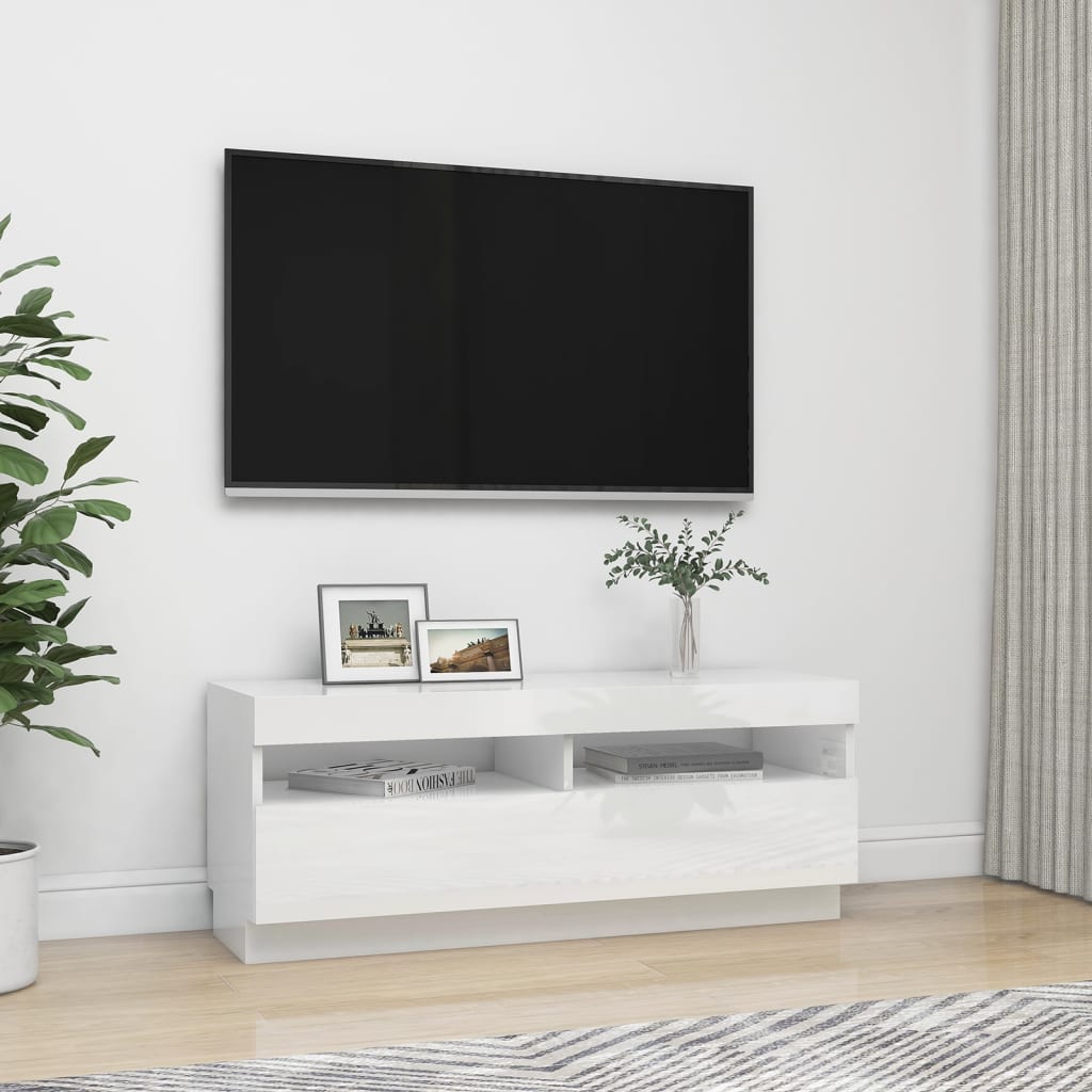 Tv-Benk Med Led-Lys Høyglans Hvit 100X35X40 Cm